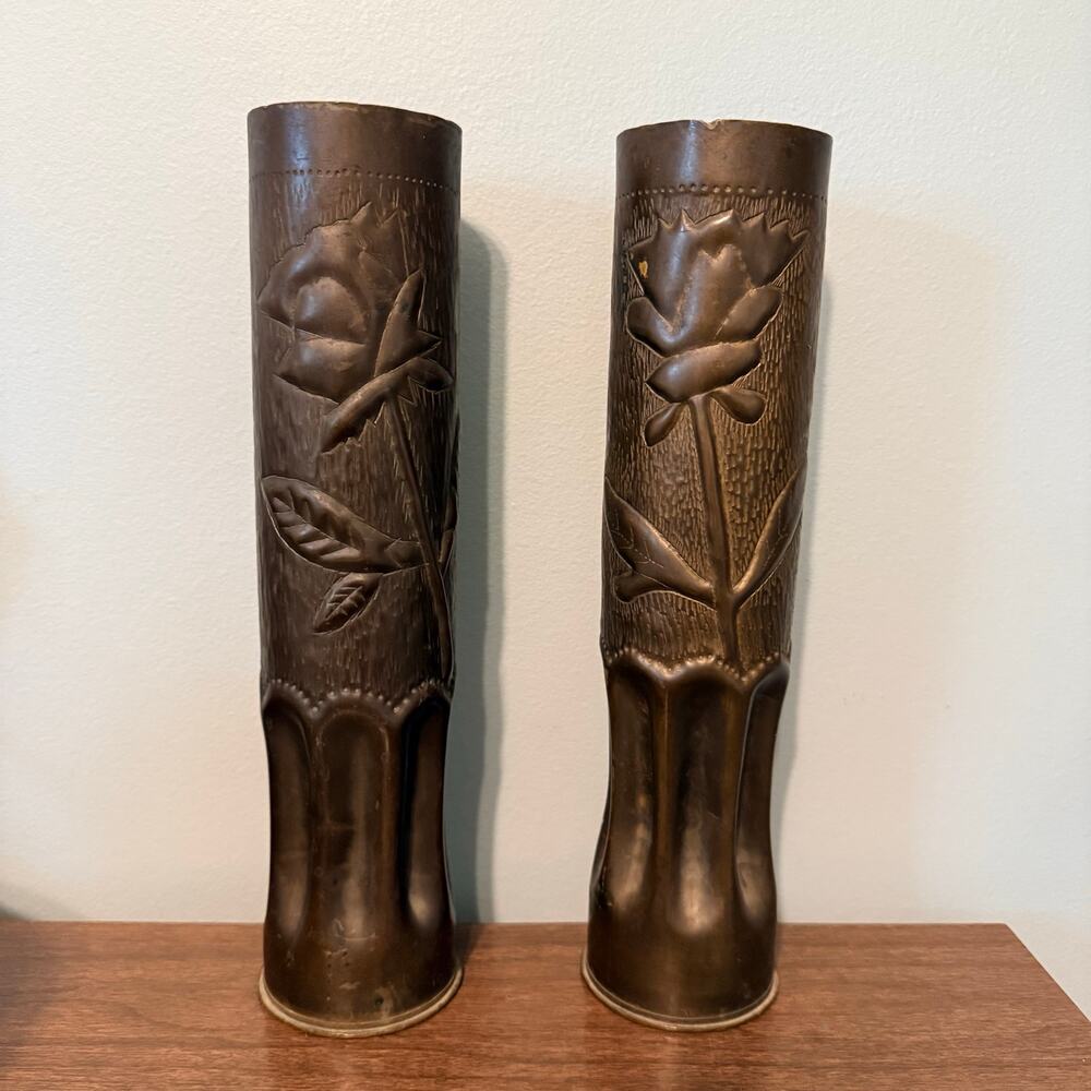 Brass Trench Art Vases Pair Flower Rose